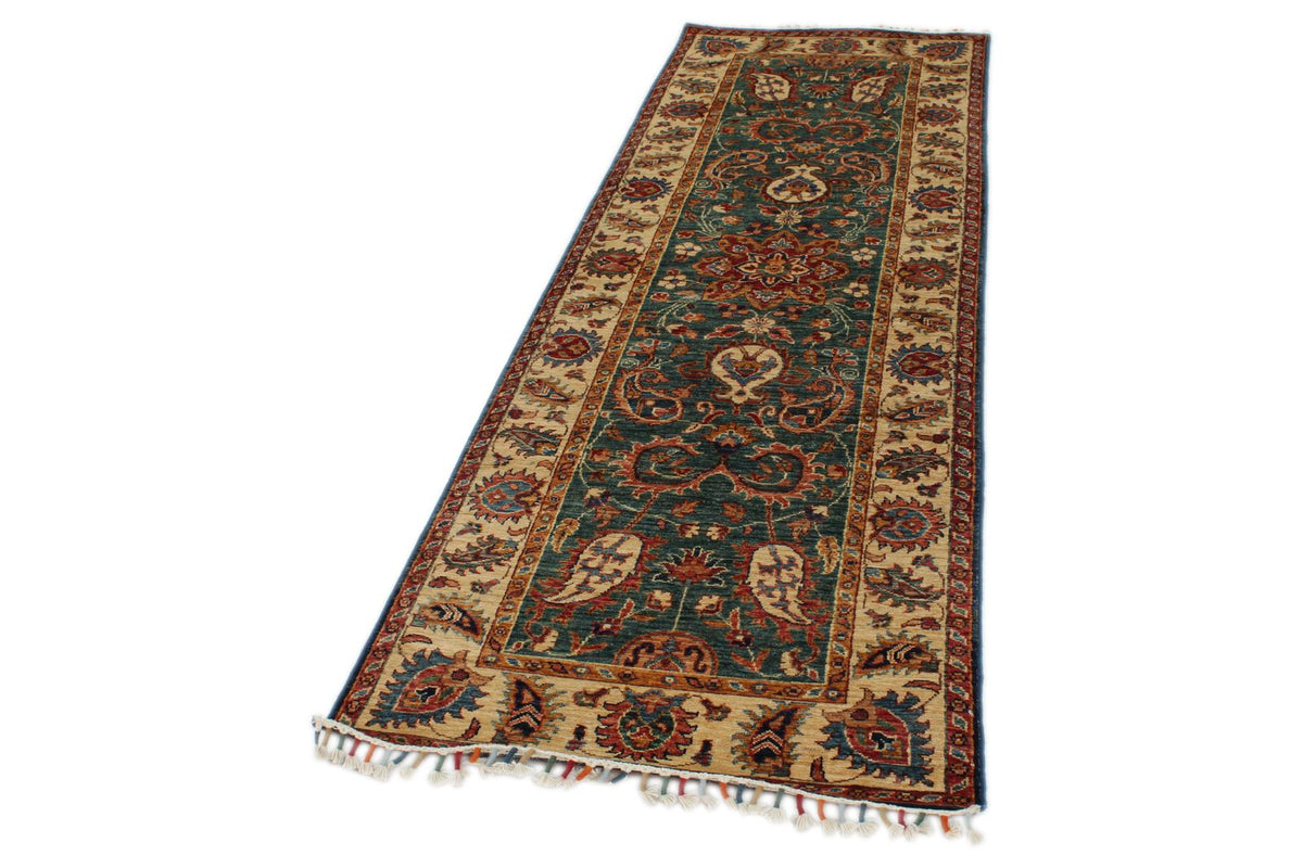 3x9 Green and Ivory Anatolian Traditional Runner