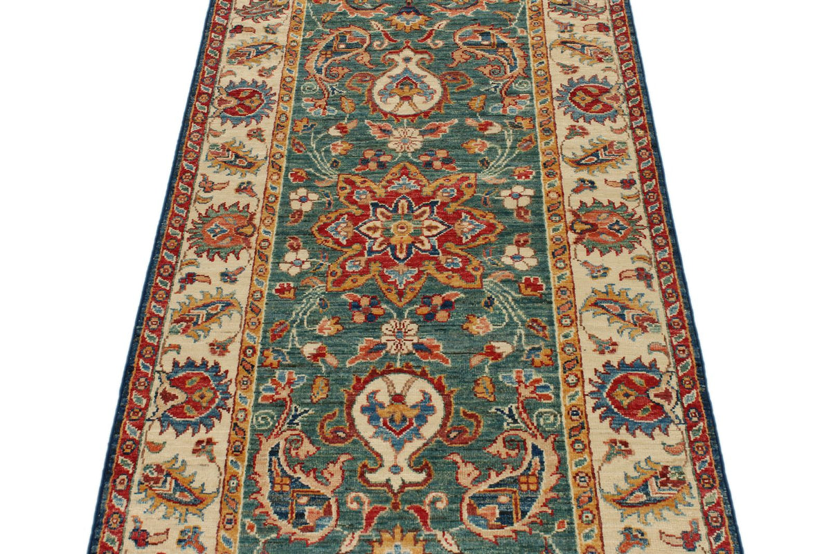 3x9 Green and Ivory Anatolian Traditional Runner