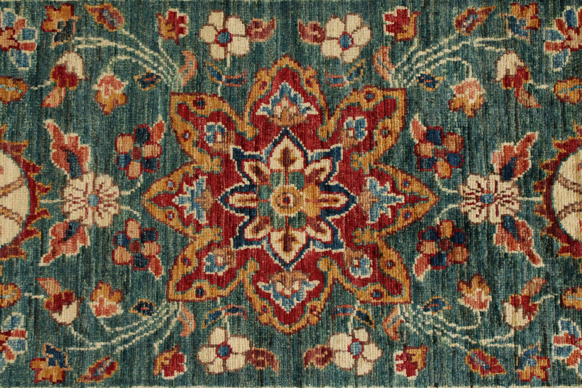 3x9 Green and Ivory Anatolian Traditional Runner