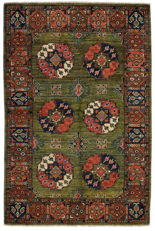 4x6 Green and Multicolor Turkish Tribal Rug