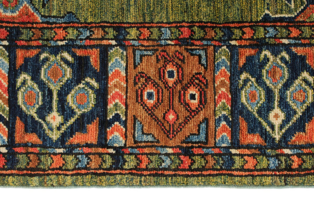 4x6 Green and Multicolor Turkish Tribal Rug