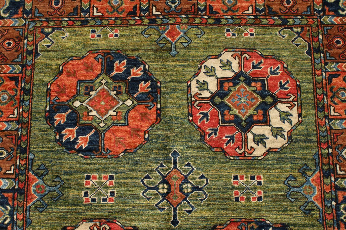 4x6 Green and Multicolor Turkish Tribal Rug