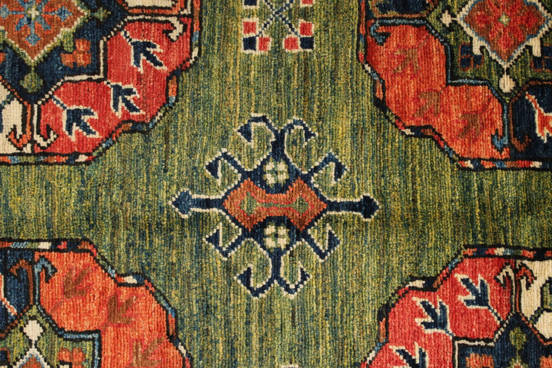 4x6 Green and Multicolor Turkish Tribal Rug