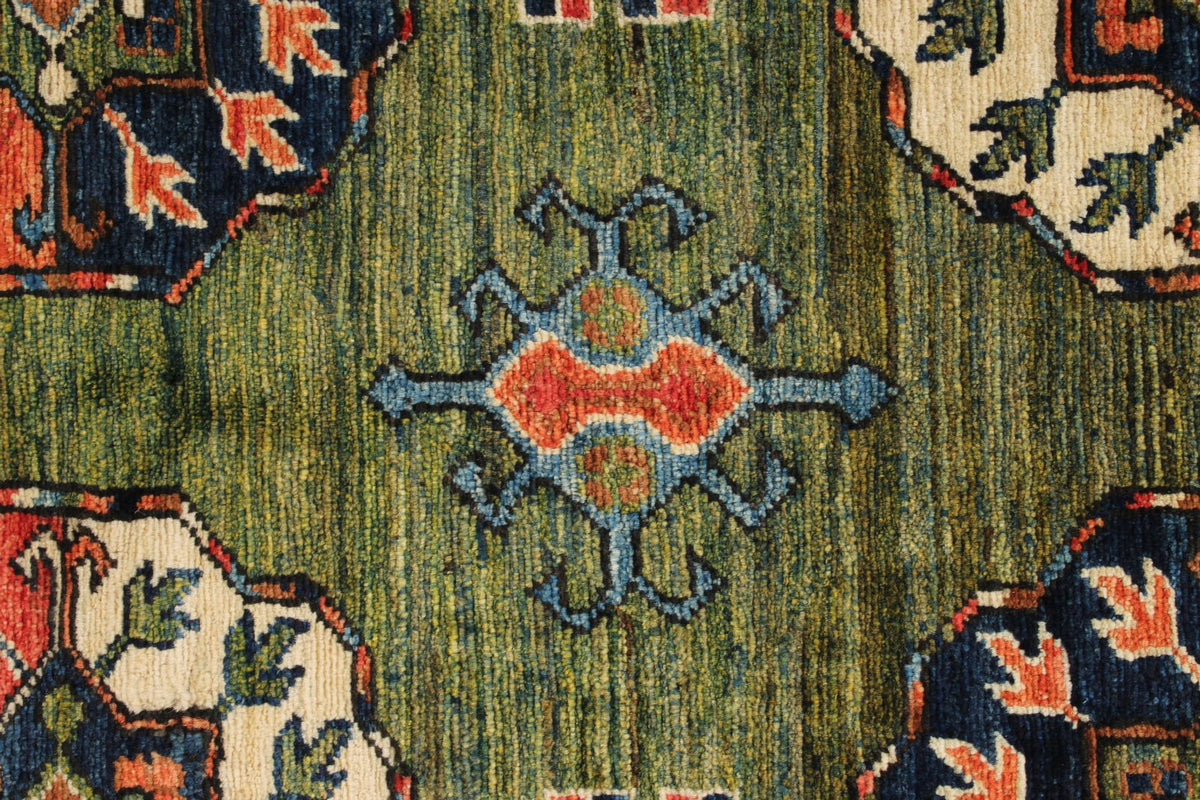 4x6 Green and Multicolor Turkish Tribal Rug