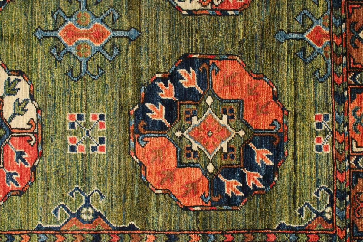 4x6 Green and Multicolor Turkish Tribal Rug