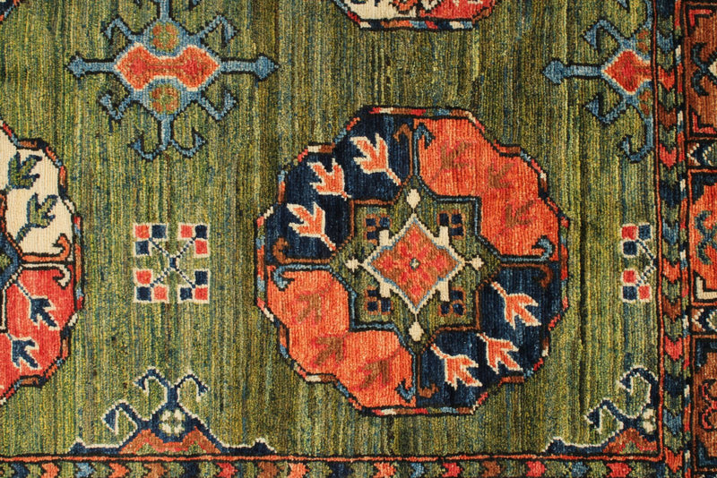 4x6 Green and Multicolor Turkish Tribal Rug