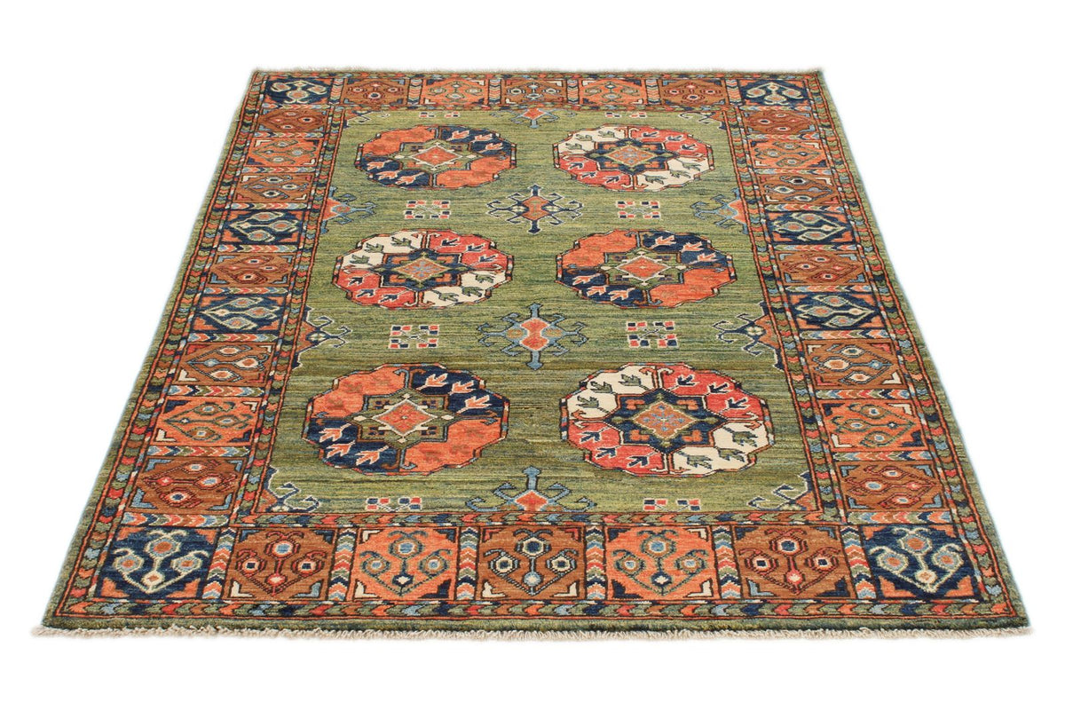 4x6 Green and Multicolor Turkish Tribal Rug