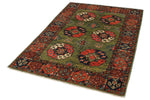 4x6 Green and Multicolor Turkish Tribal Rug