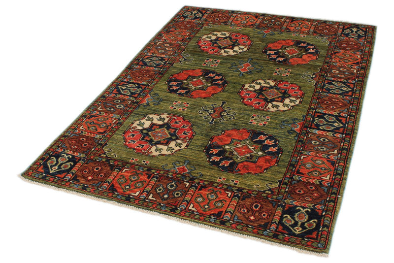 4x6 Green and Multicolor Turkish Tribal Rug