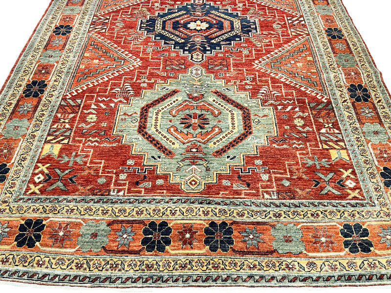 7x10 Vintage Red and Green Anatolian Traditional Rug