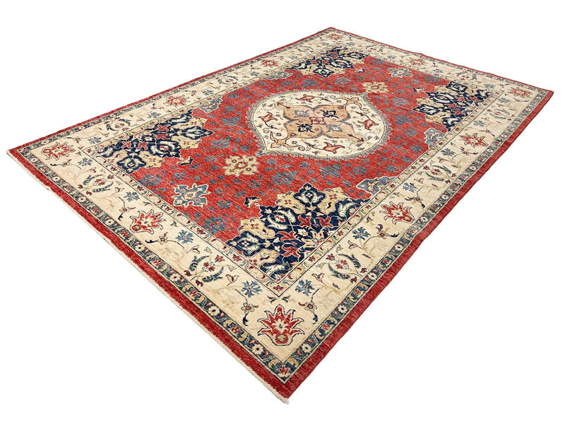 7x10 Vintage Ivory and Red Green Persian Rug