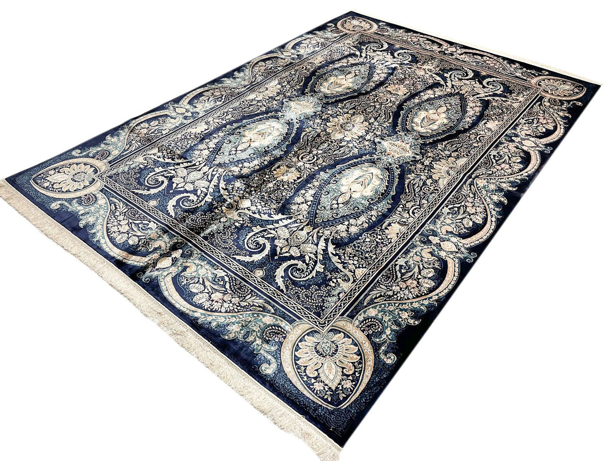7x10 Navy and Ivory Turkish Antep Rug