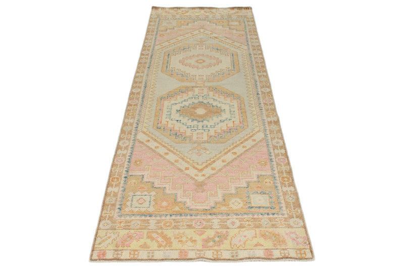 3x9 Light Green and Multicolor Turkish Oushak Runner