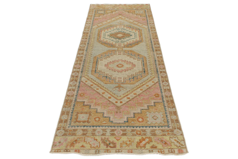 3x9 Light Green and Multicolor Turkish Oushak Runner