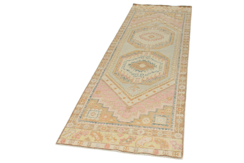 3x9 Light Green and Multicolor Turkish Oushak Runner