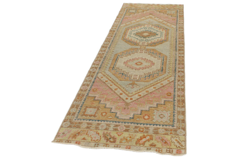 3x9 Light Green and Multicolor Turkish Oushak Runner