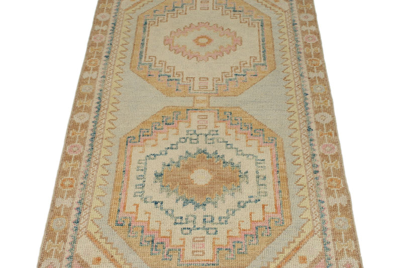 3x9 Light Green and Multicolor Turkish Oushak Runner