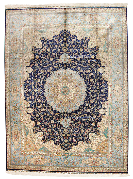 9x12 Navy and Light Blue Turkish Silk Rug