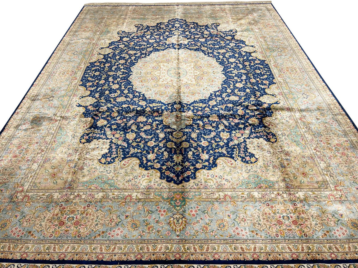 9x12 Navy and Light Blue Turkish Silk Rug