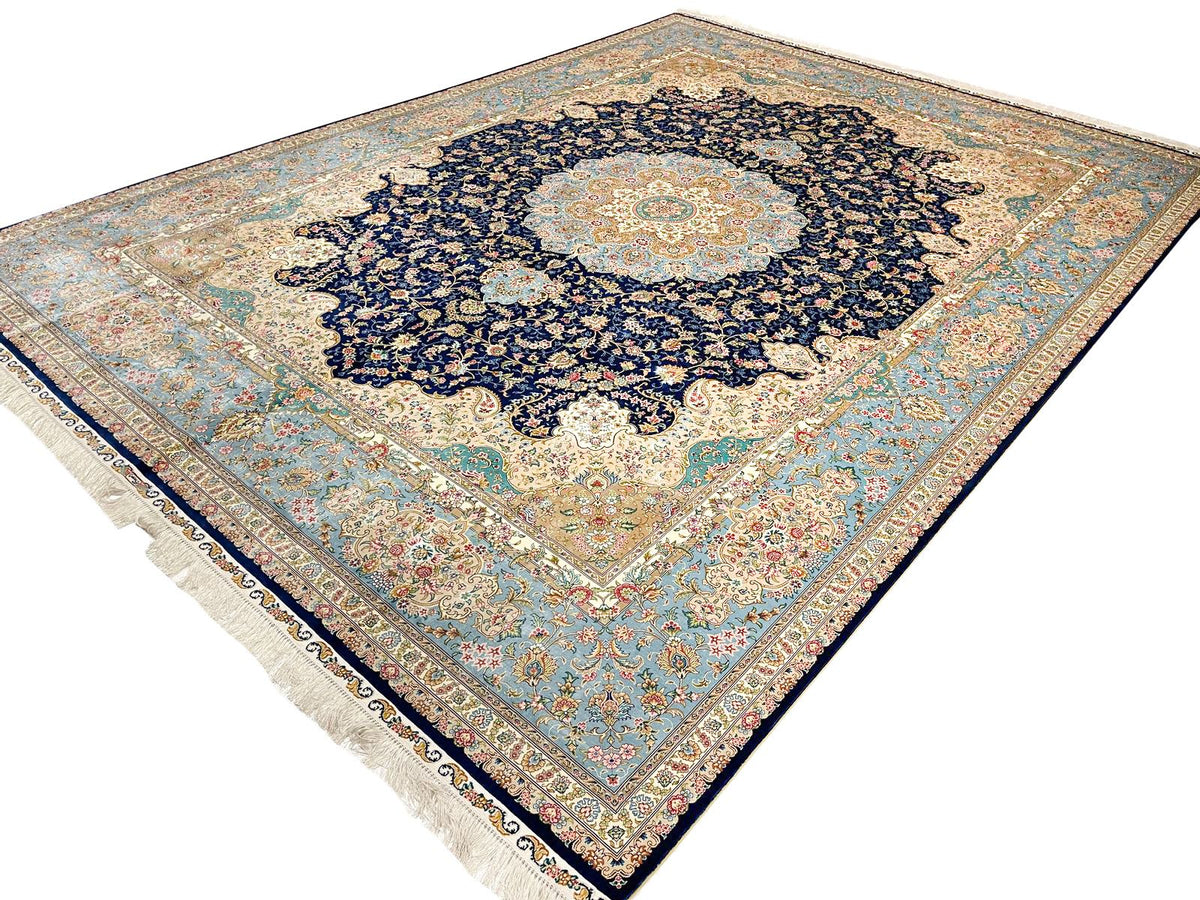 9x12 Navy and Light Blue Turkish Silk Rug