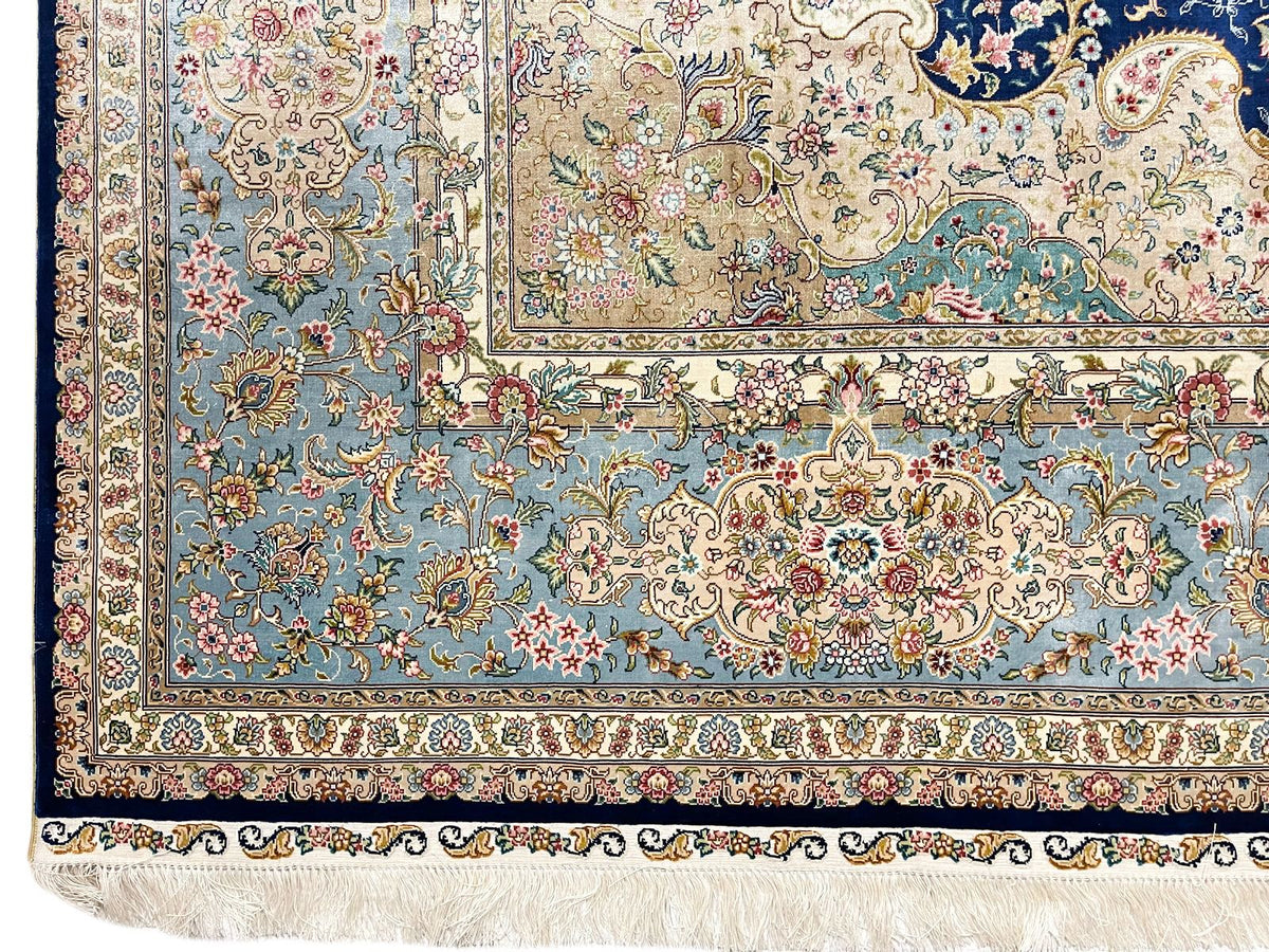 9x12 Navy and Light Blue Turkish Silk Rug
