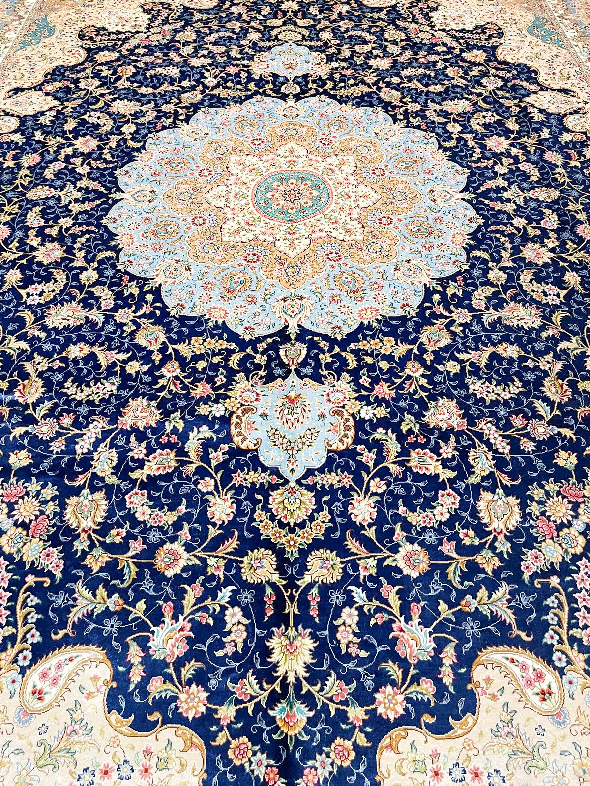9x12 Navy and Light Blue Turkish Silk Rug