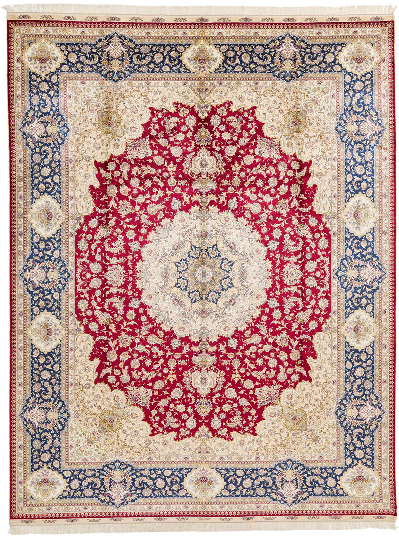 9x12 Blue and Ivory Turkish Silk Rug