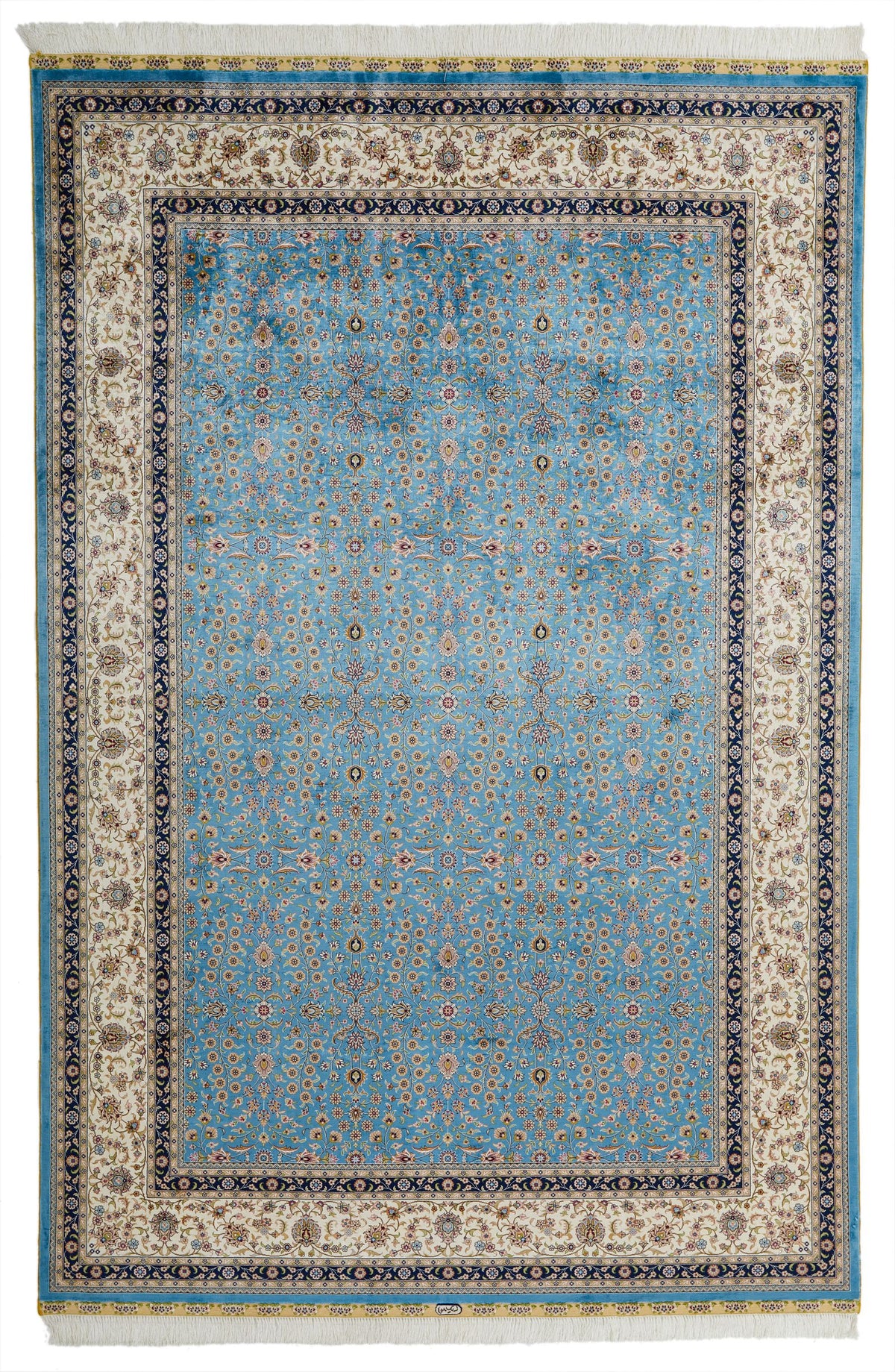 7x10 Blue and Ivory Turkish Silk Rug