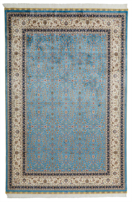 7x10 Blue and Ivory Turkish Silk Rug