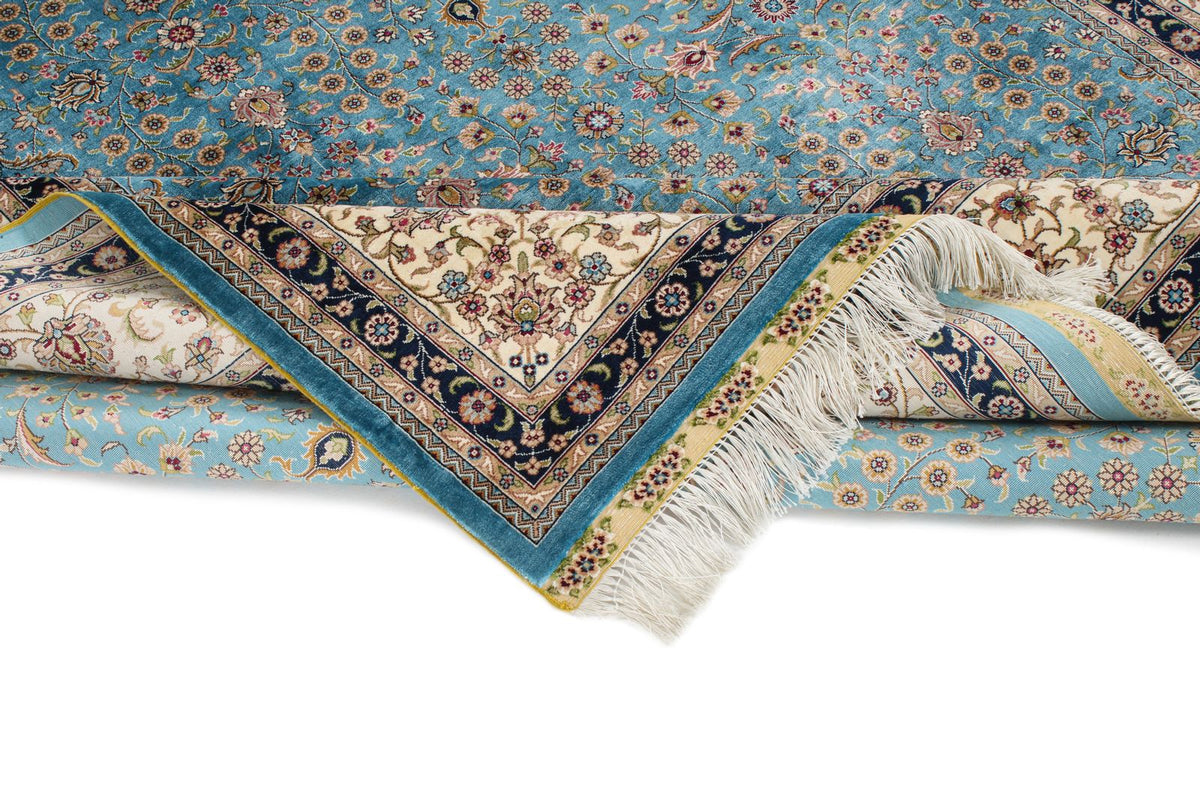 7x10 Blue and Ivory Turkish Silk Rug
