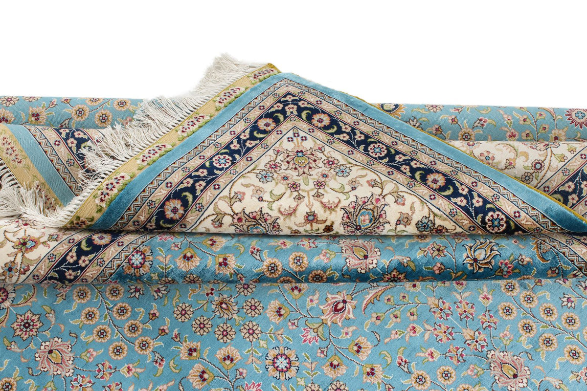 7x10 Blue and Ivory Turkish Silk Rug
