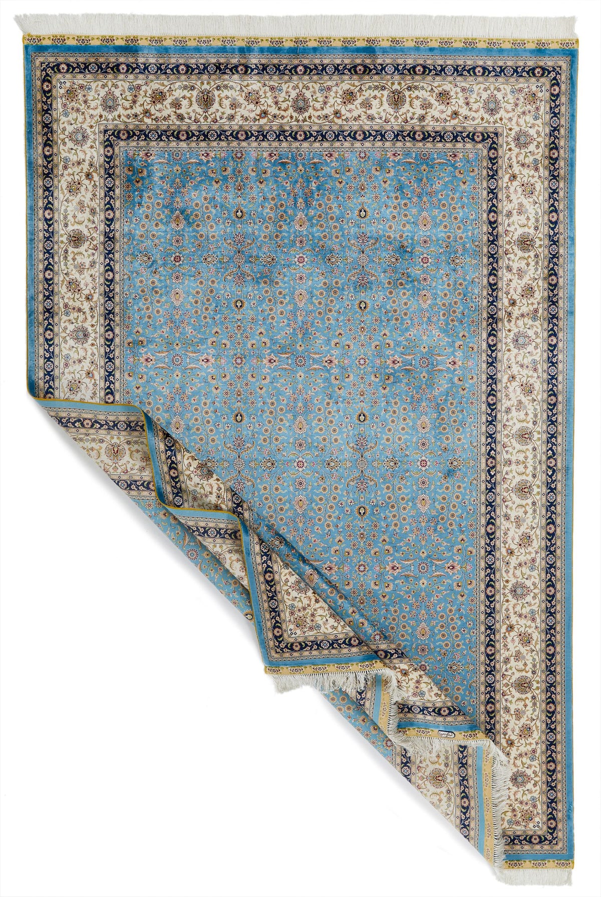 7x10 Blue and Ivory Turkish Silk Rug