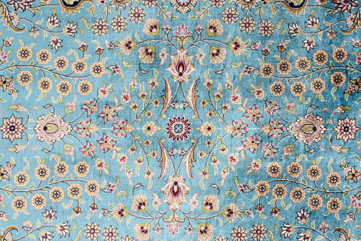 7x10 Blue and Ivory Turkish Silk Rug