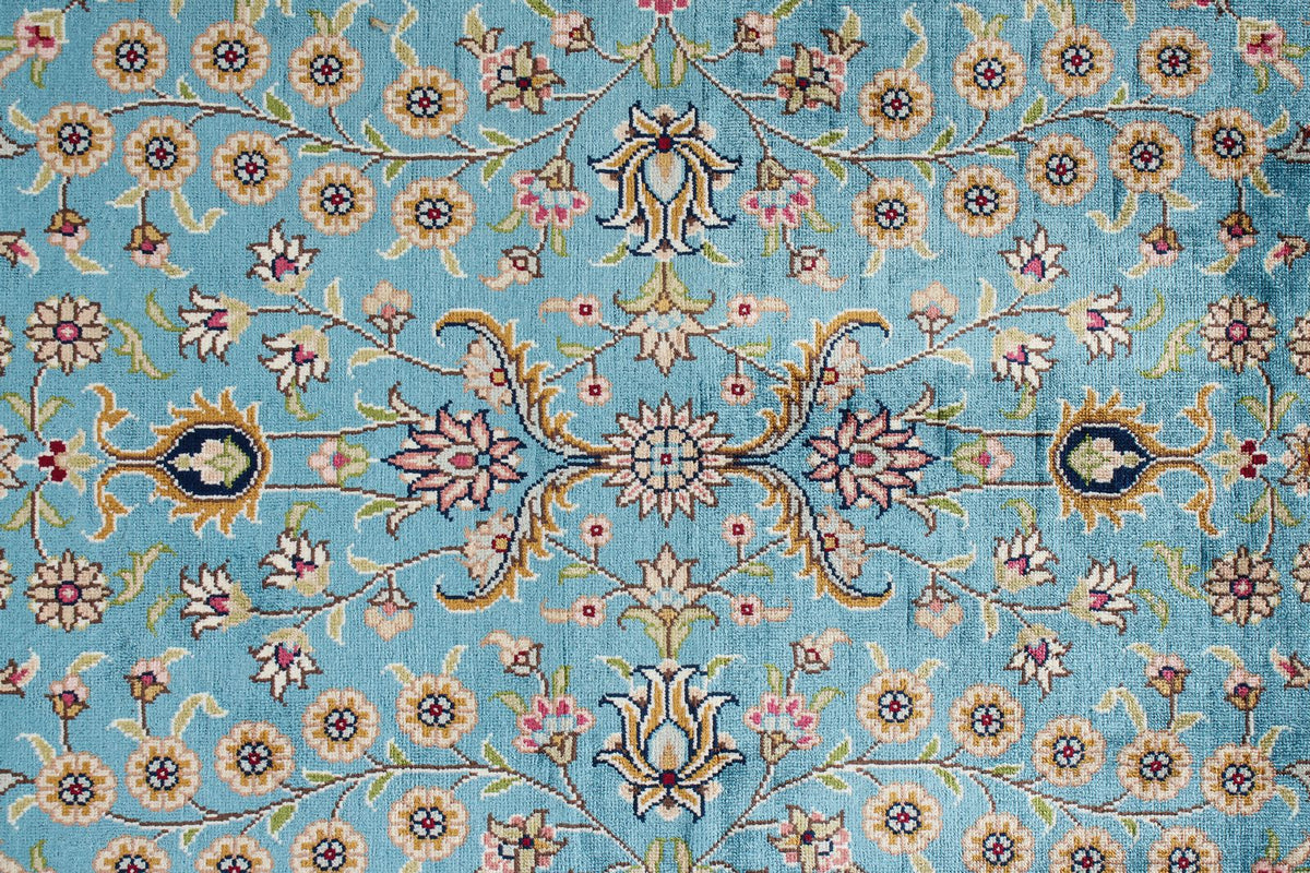7x10 Blue and Ivory Turkish Silk Rug