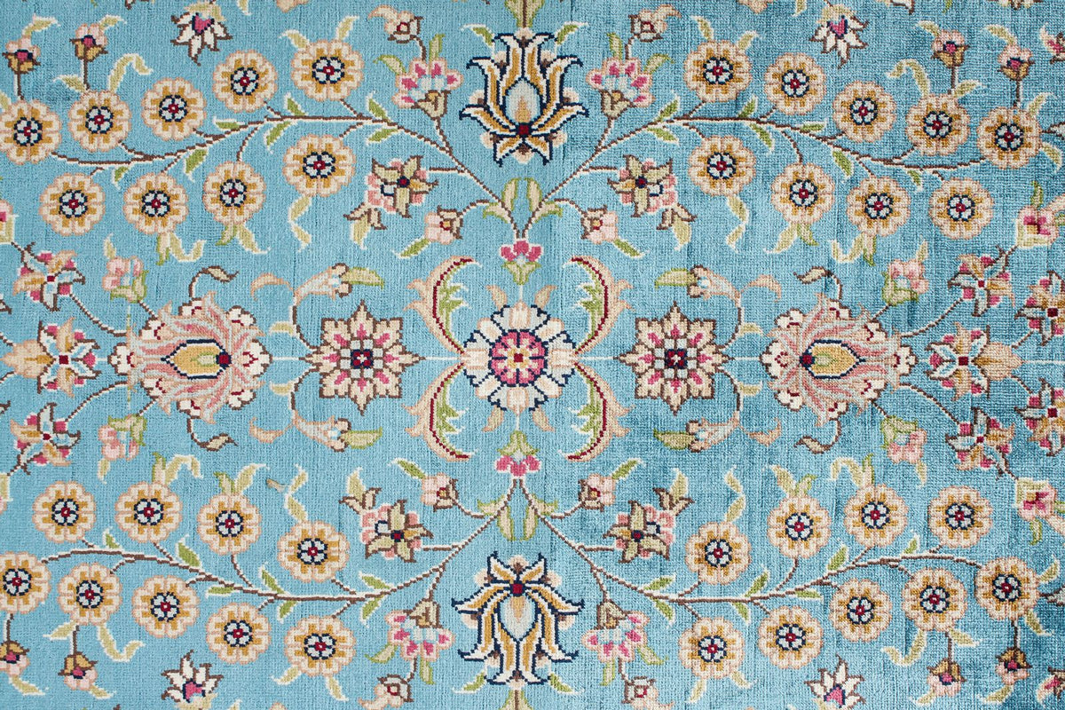 7x10 Blue and Ivory Turkish Silk Rug