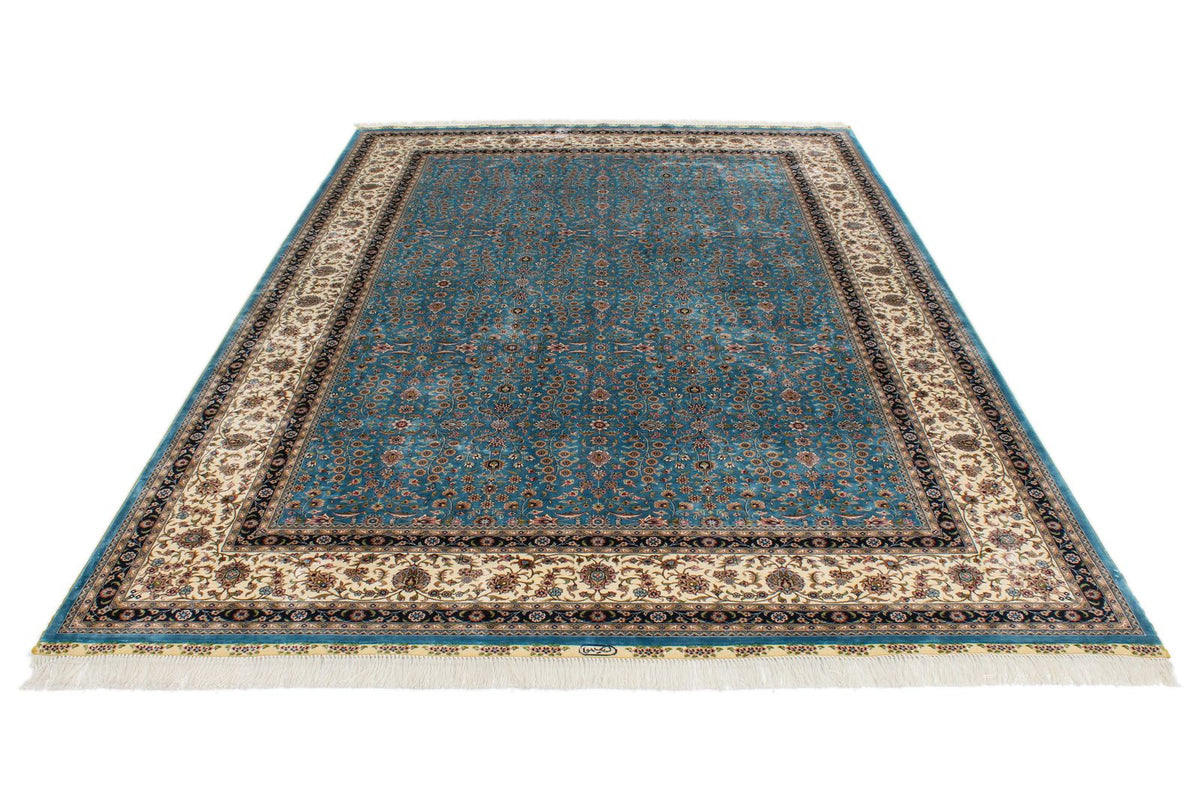 7x10 Blue and Ivory Turkish Silk Rug