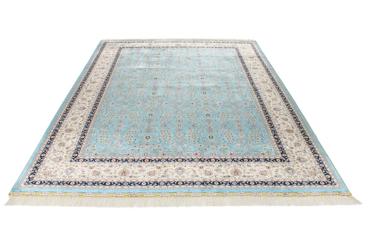 7x10 Blue and Ivory Turkish Silk Rug