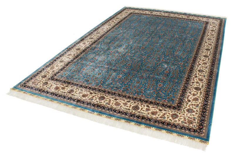 7x10 Blue and Ivory Turkish Silk Rug