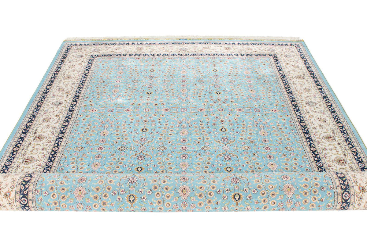 7x10 Blue and Ivory Turkish Silk Rug