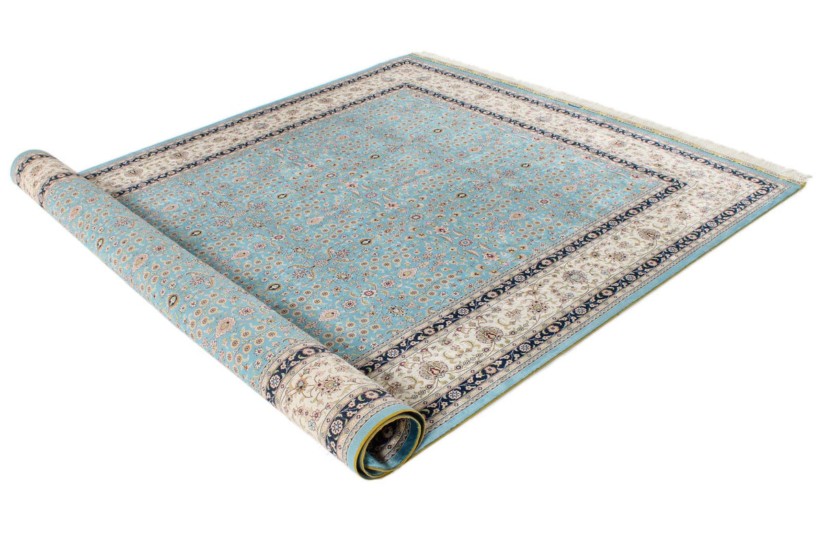 7x10 Blue and Ivory Turkish Silk Rug