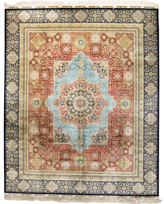 8x10 Rust and Navy Turkish Silk Rug