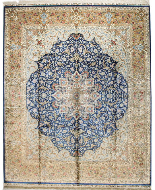 8x10 Light Blue and Brown Turkish Silk Rug