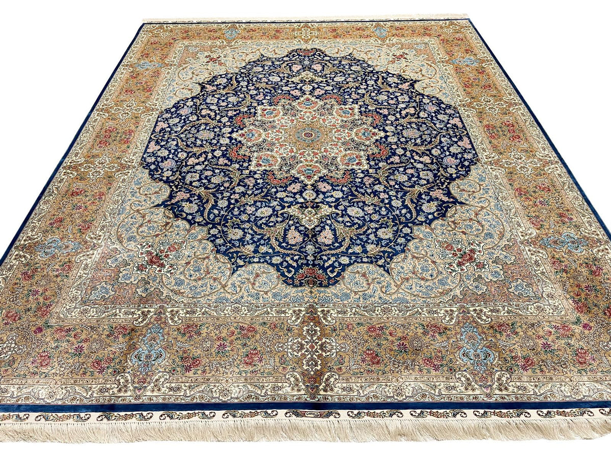 8x10 Light Blue and Brown Turkish Silk Rug