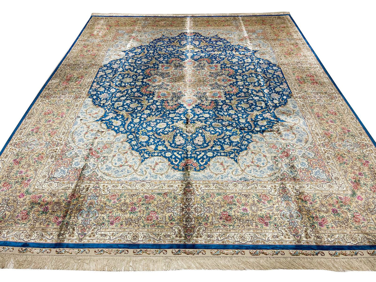 8x10 Light Blue and Brown Turkish Silk Rug