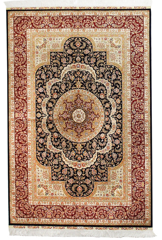 4x6 Black and Red Turkish Silk Rug