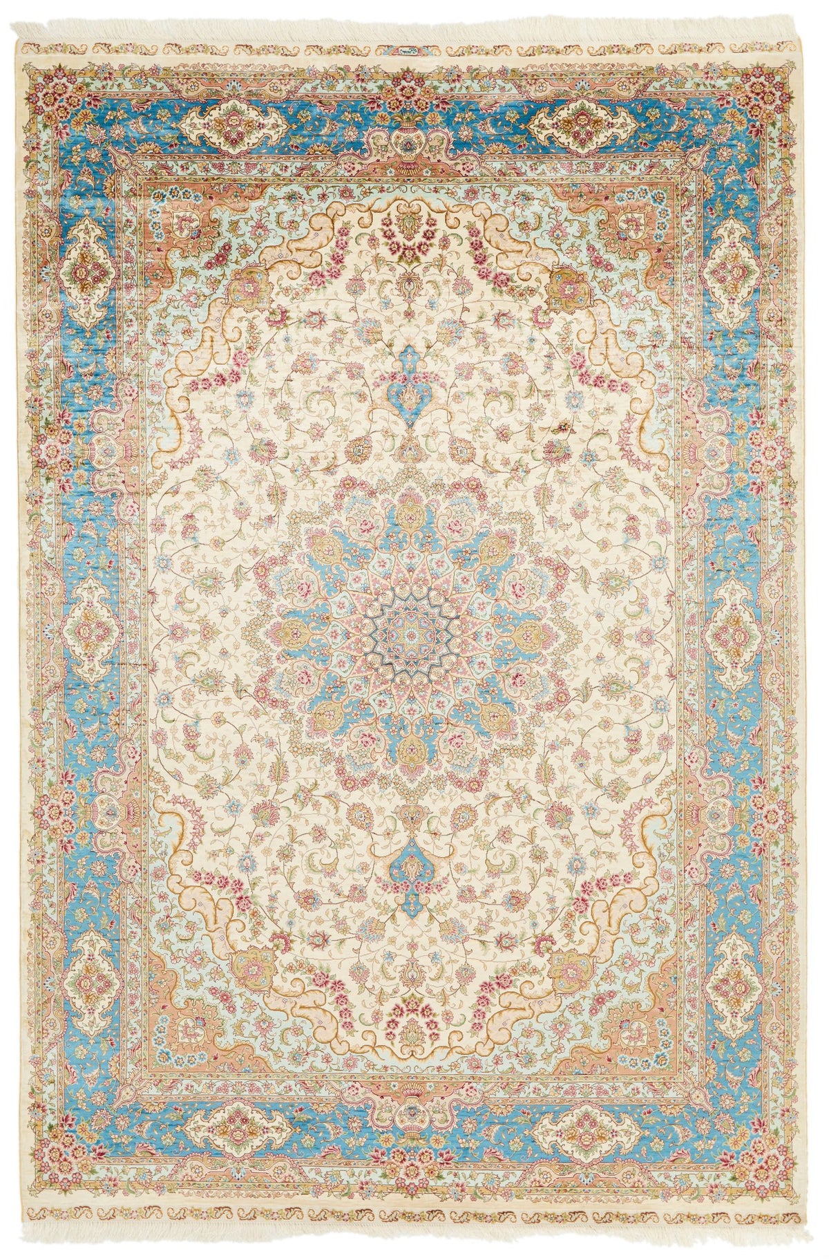6x9 Ivory and Blue Turkish Silk Rug