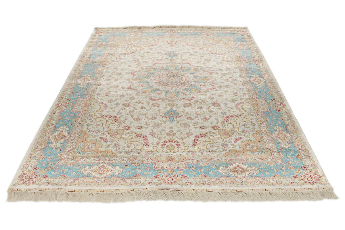 6x9 Ivory and Blue Turkish Silk Rug