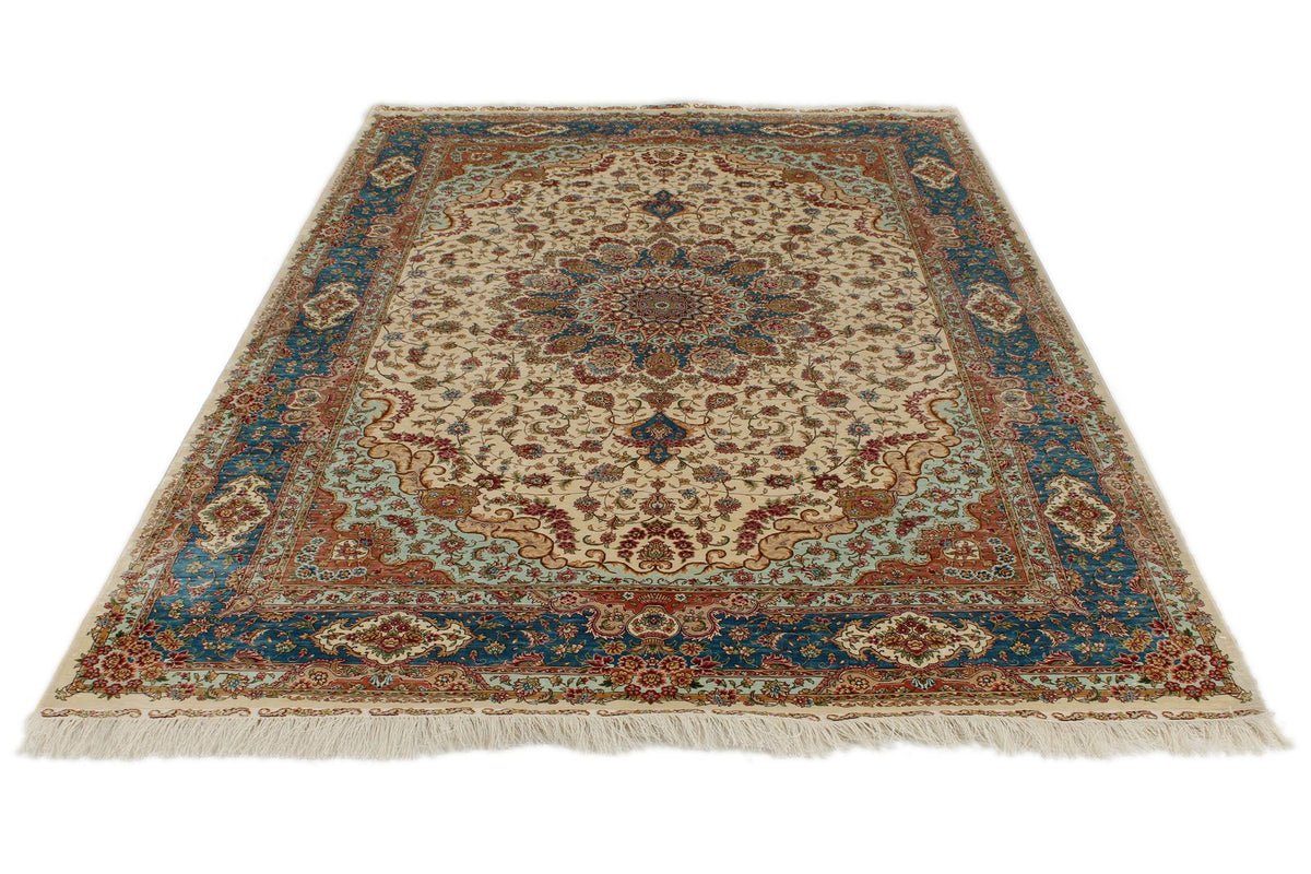 6x9 Ivory and Blue Turkish Silk Rug