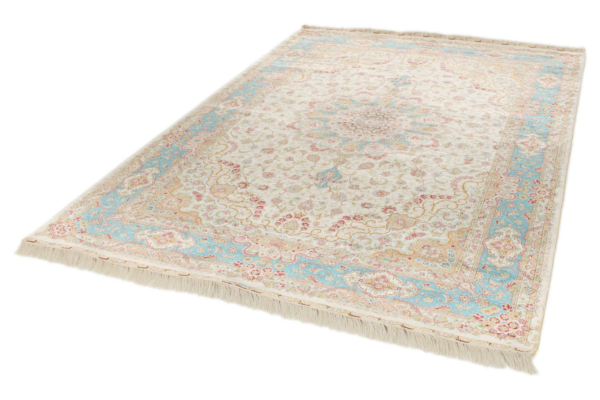 6x9 Ivory and Blue Turkish Silk Rug