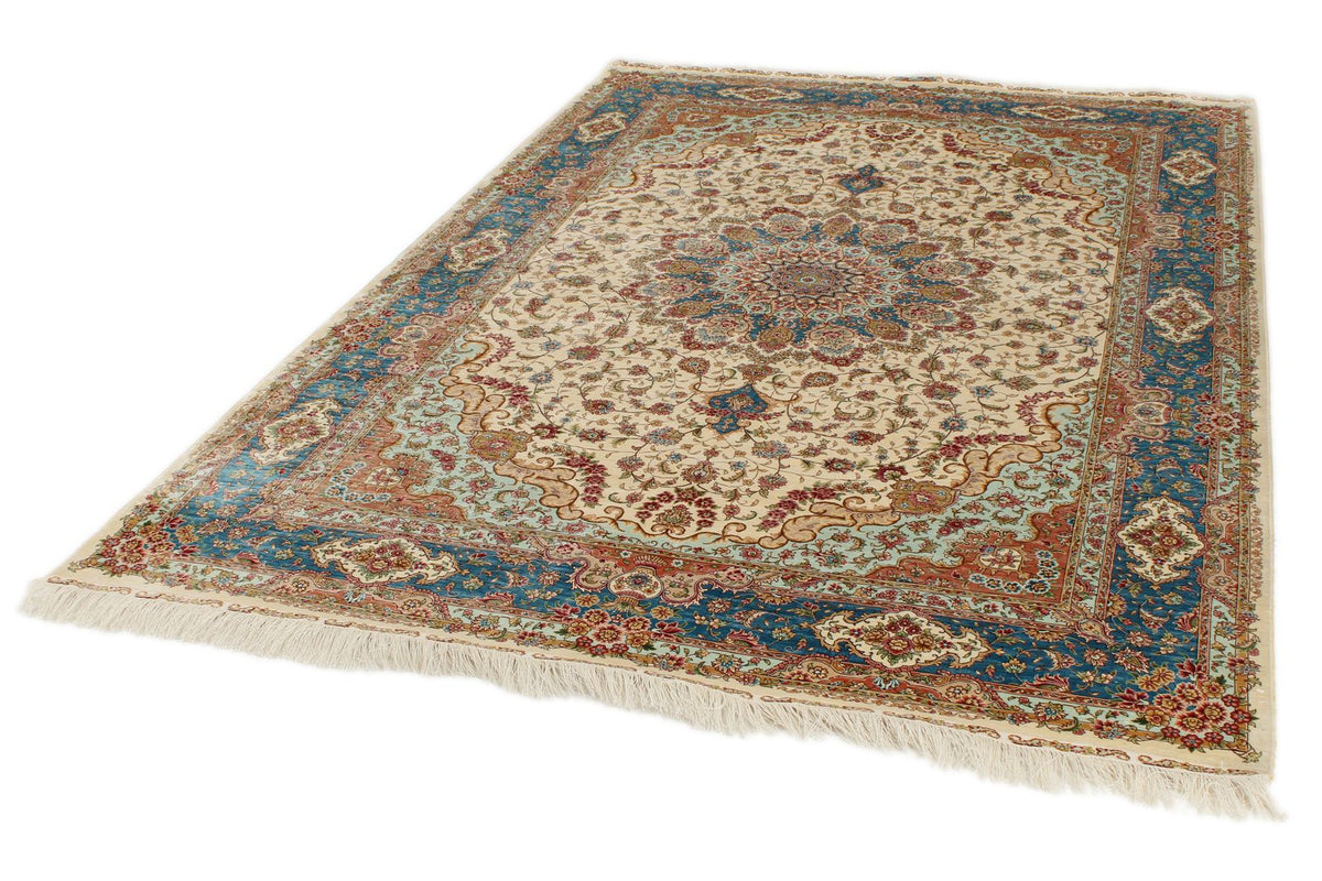 6x9 Ivory and Blue Turkish Silk Rug